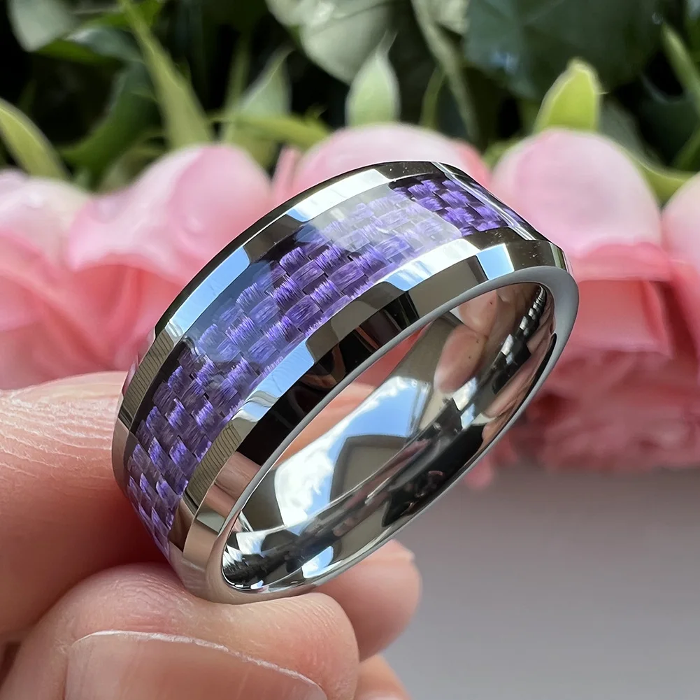 Mens 8mm Silver Tungsten Carbide Wedding Band Engagement Rings for Men Women Purple Carbon Fiber Inlay Beveled Edges Comfort Fit