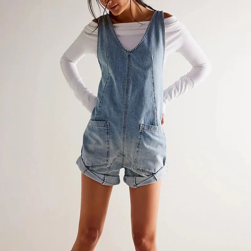 Women's Casual Pocket Design Adjustable Straps Sleeveless Denim Short Jumpsuit Summer New Fashion Women Clothing Female Romper