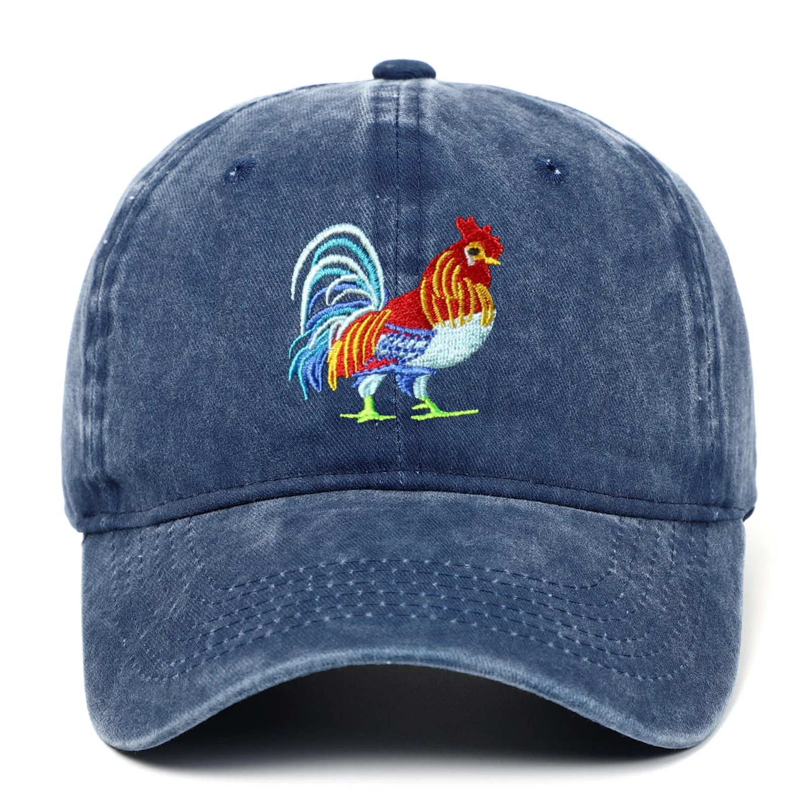 Rooster Embroidery Washed Baseball Cap Men Women Vintage Distress Dad Hat Adjustable Farm Animal Pattern Casual Outdoor Sun Hats