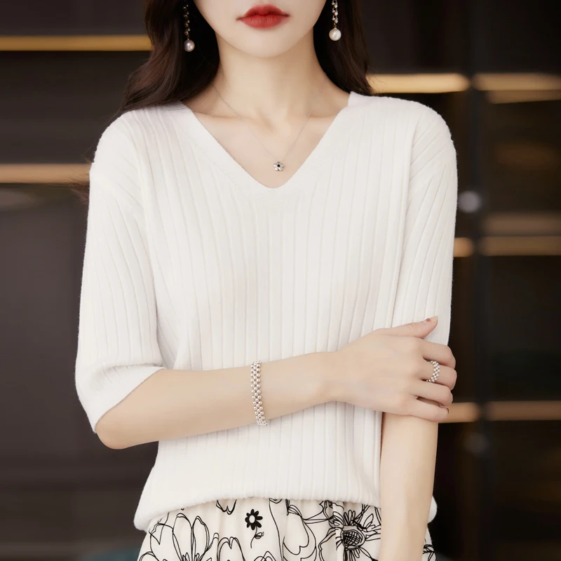 Spring Summer 2023 V-Neck Cashmere Short Sleeve Women's Knitted Sweater Overhead Half Sleeve Thin Slimming Pure Color Inner Wear
