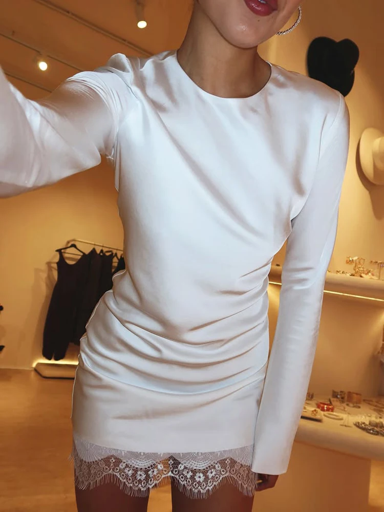 Mozision Satijn Lange Mouw Sexy Mini Jurk Vrouwen Elegante Kant Patchwork Ruches Slanke Club Party Jurken Vrouwelijke Kleding Gewaad