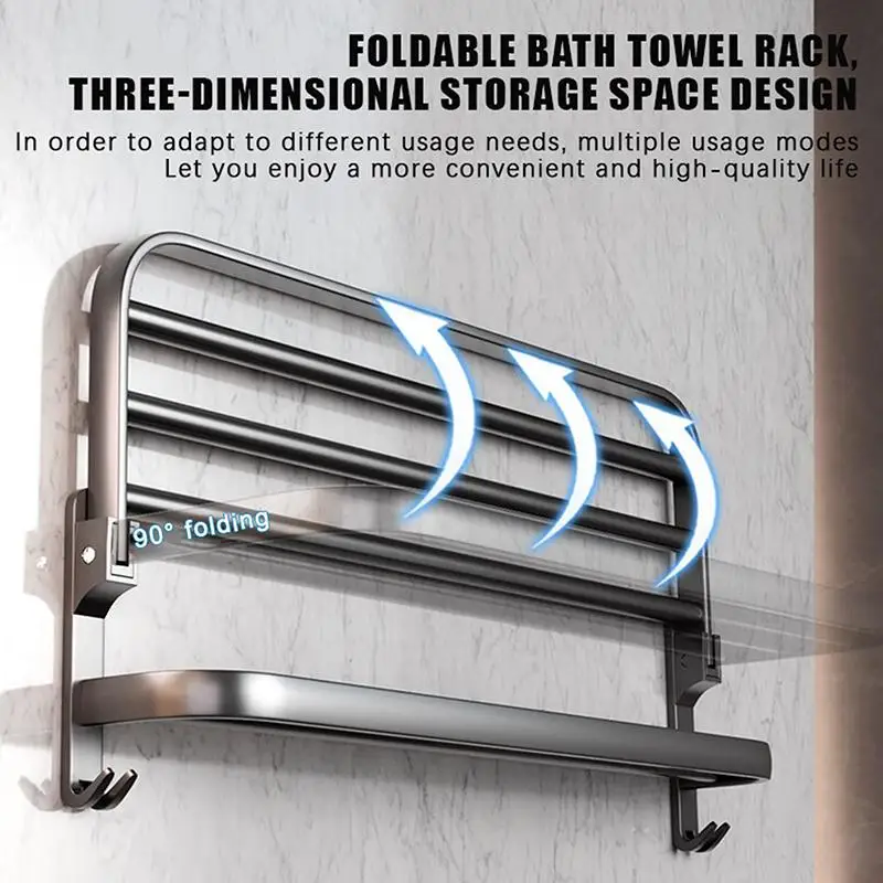 Self-adhesive Bathroom Towel Rack Without Drilling Screws Wall Mount Bath Towel Hanger Holder Folding Large Storage Towel Rail