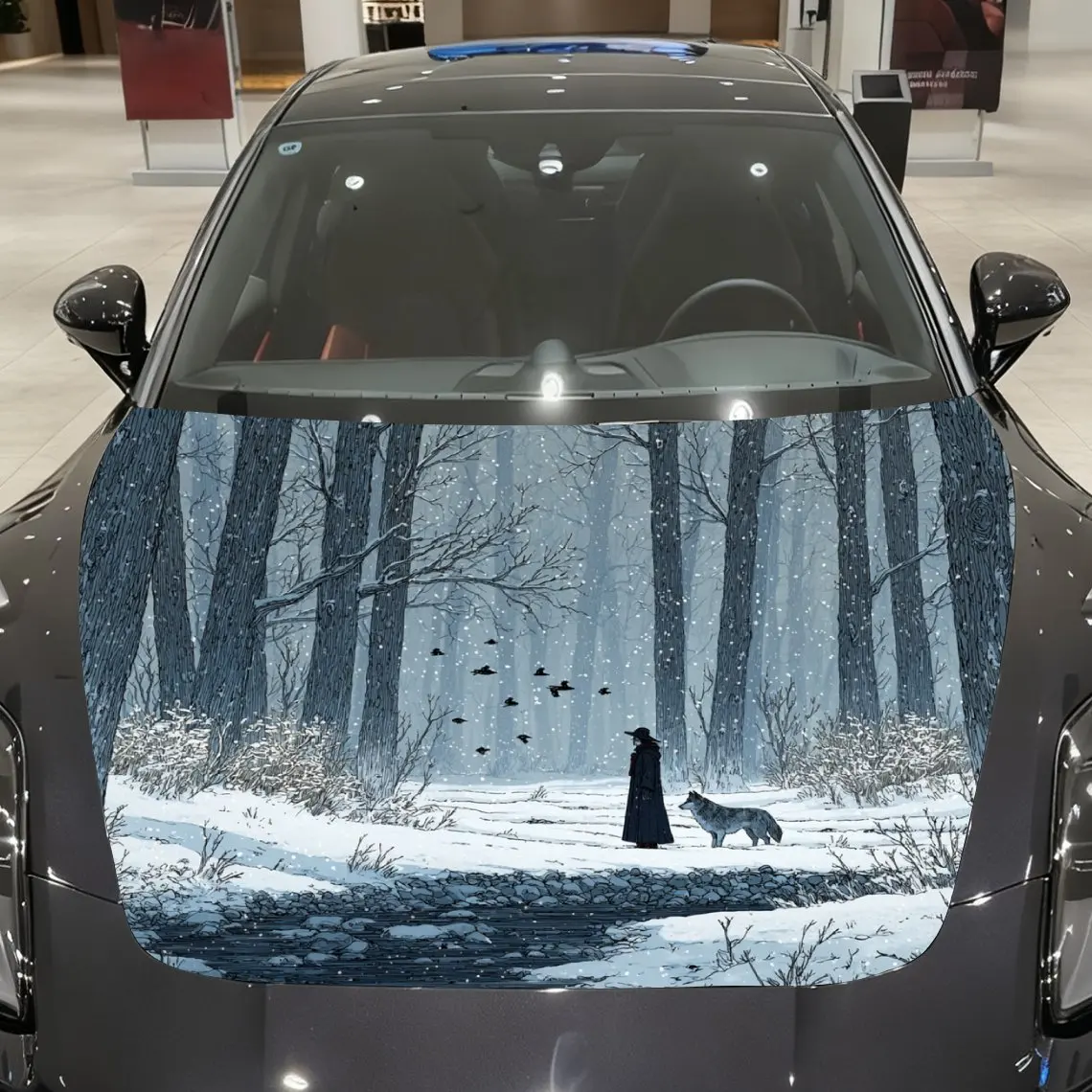 

Snowy Forest Black Wolf And Traveler Car Hood Vinyl Packaging-waterproof, Scratch Resistant, Self-adhesive Sticker, Red And Blac