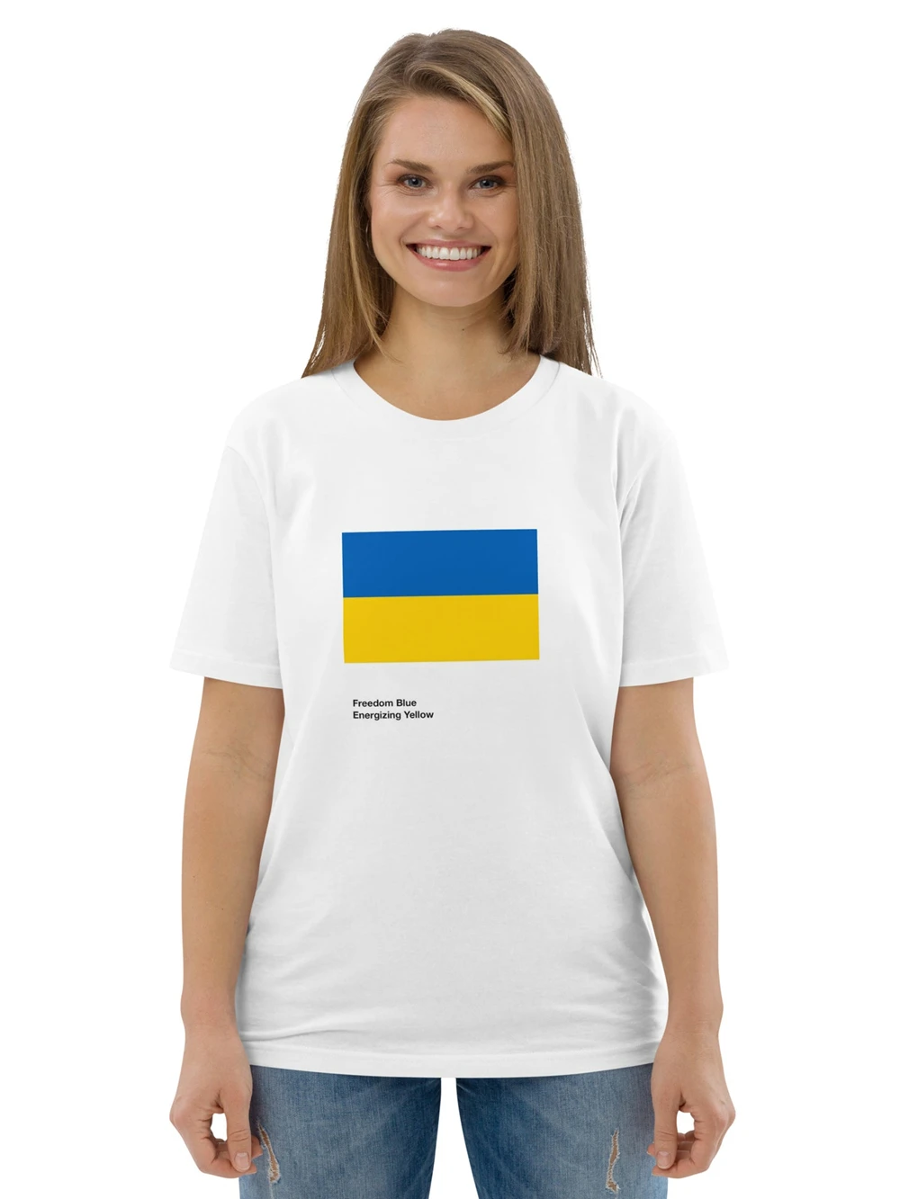 Blue Energizing Yellow Women Tee Shirt Ukrainian Flag Freedom Unisex Organic Printed Cotton T-Shirt in White