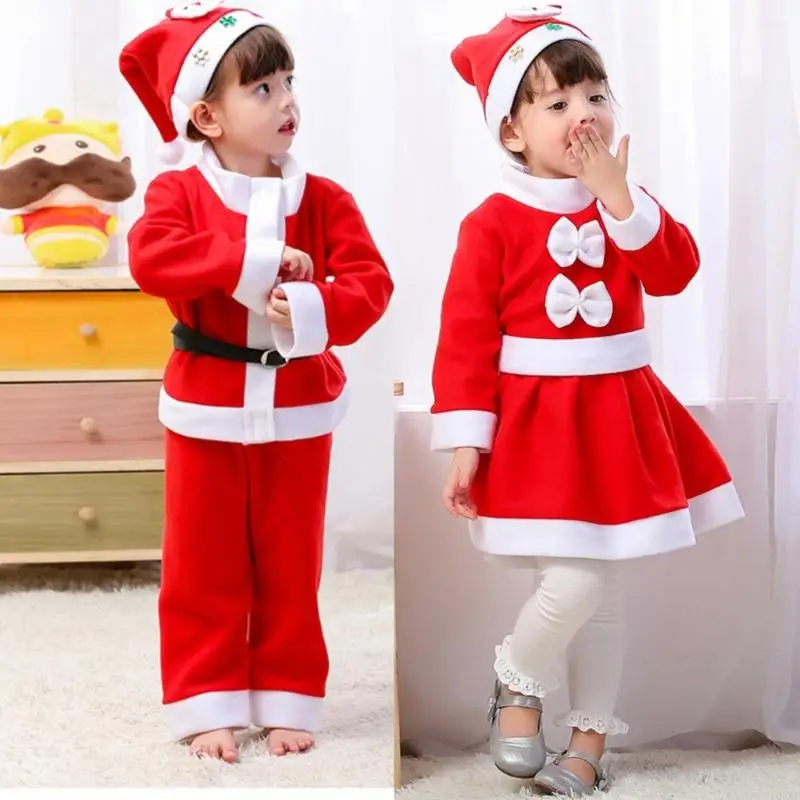 

H58E Girl Santa Hat and Dress Costume Set Boy Santa Cosplay Outfit for Birthday