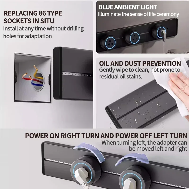 40-50CM Track Socket Rail Wall Mounted/Embedded Movable Socket High End Home Appliance Power 8000W EU US UK Standard USB C Ports