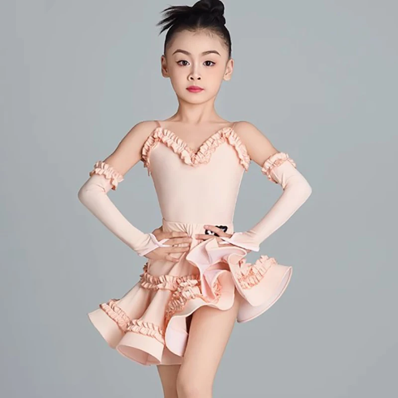 

Kids Girls Spaghetti Strap Ruffles Latin Dance Bodysuit Skirt Ballroom Rumba Dancewear Training Tango Performance Costume