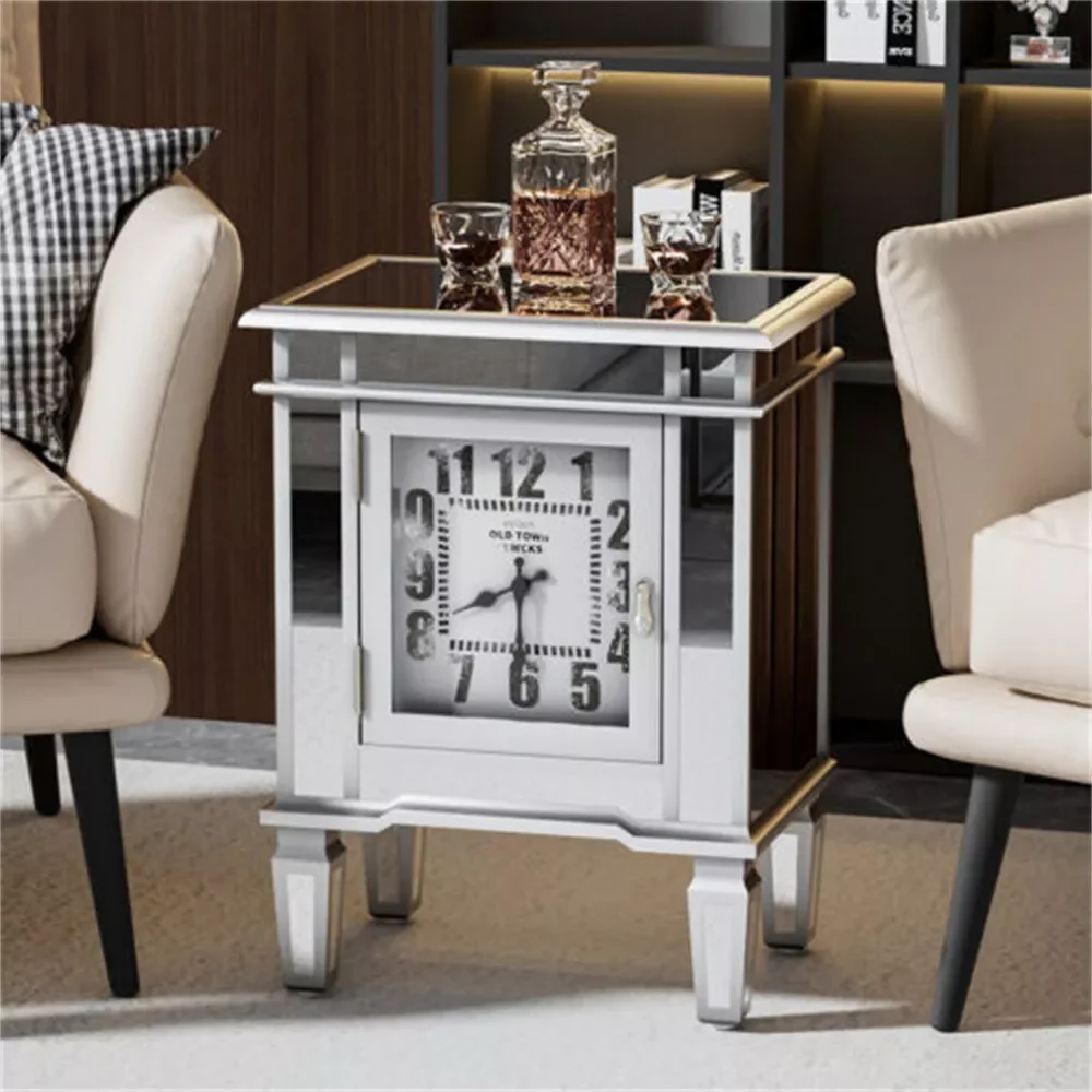 

LUVODI Modern Mirrored End Table Sofa Side Accent Table with Clock Display n 1 Door Cabinet for Bedroom,Living Room,Study