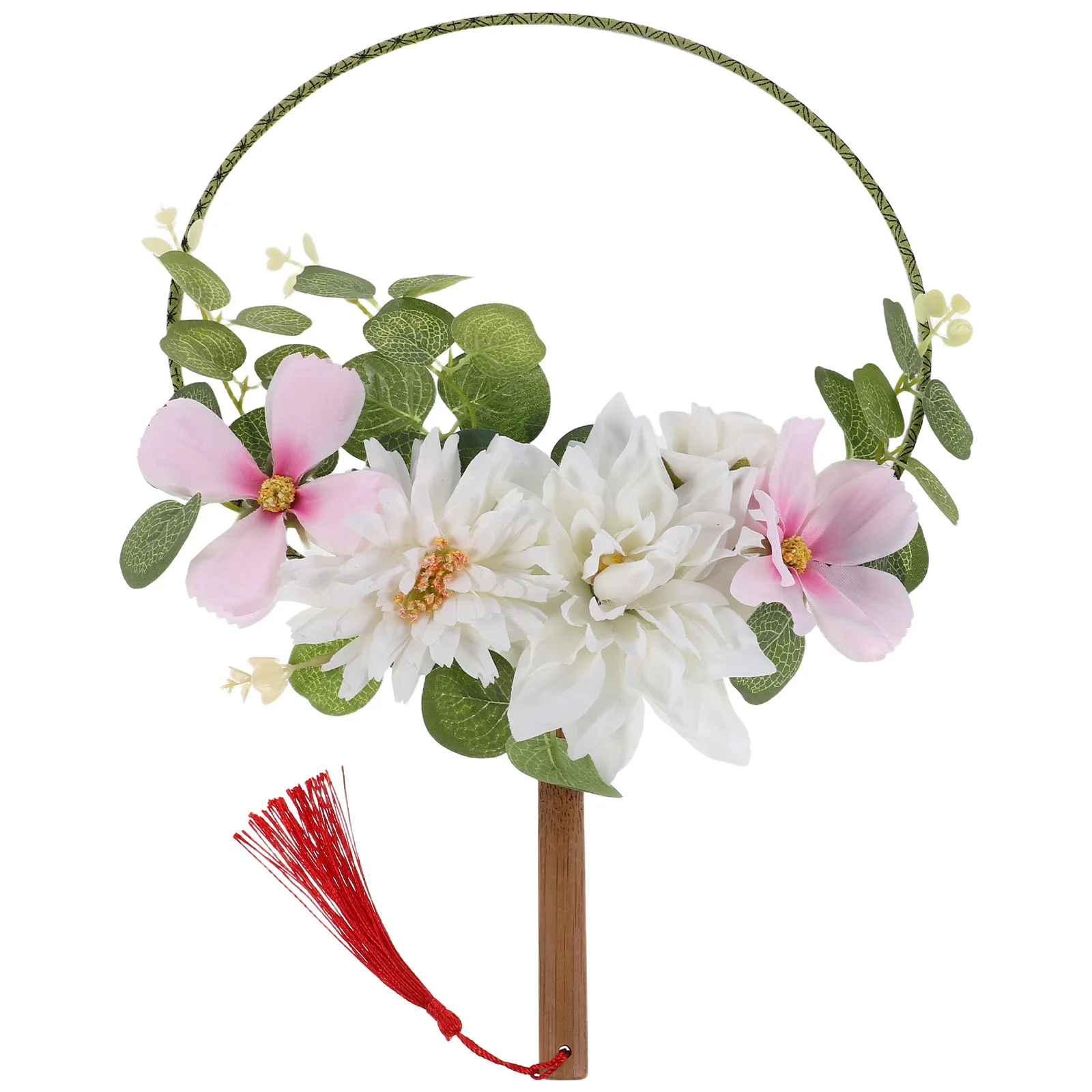 

Chinese Round Fan Elegant 3D Flower Cloth Decoration Traditional Handheld Fan for Tea Party Dance Cultural Event Prop