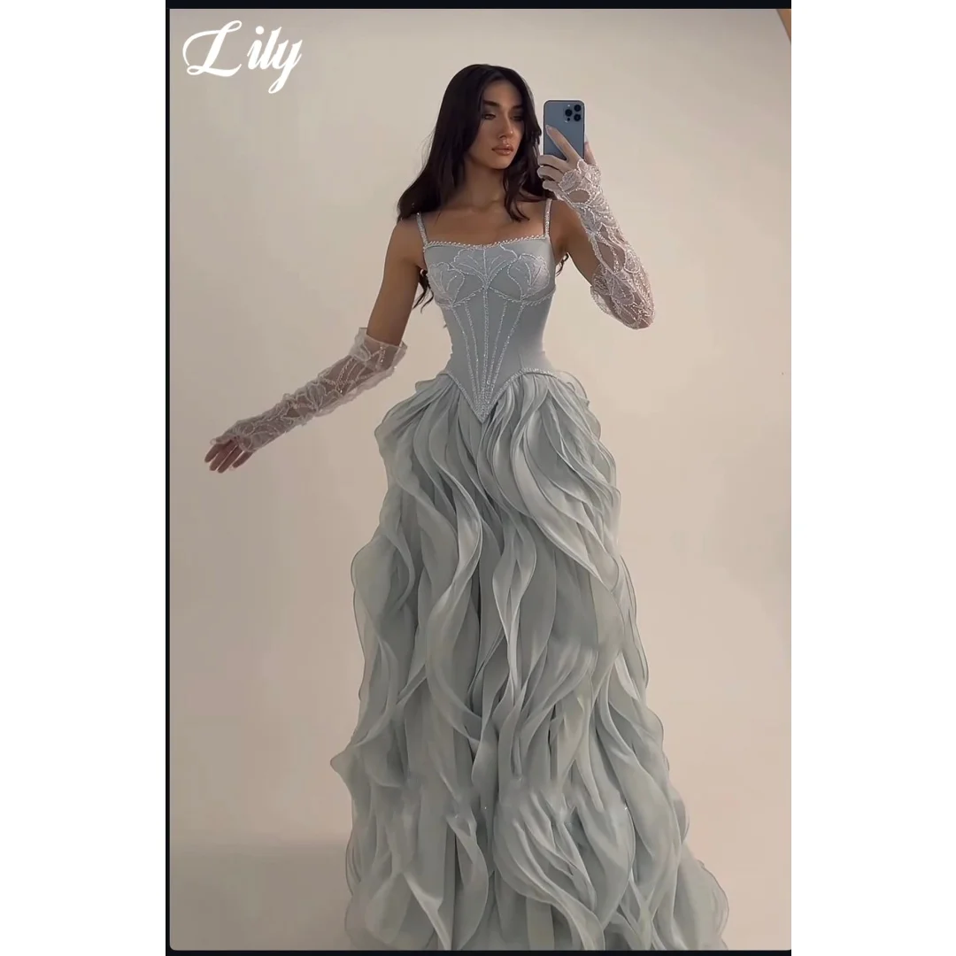 

Lily Luxury Ice Blue Prom Dress 3D Ruffled Tulle Corset Party Gown Hand-Beaded Spaghetti Strap Formal Evening Gown Customized