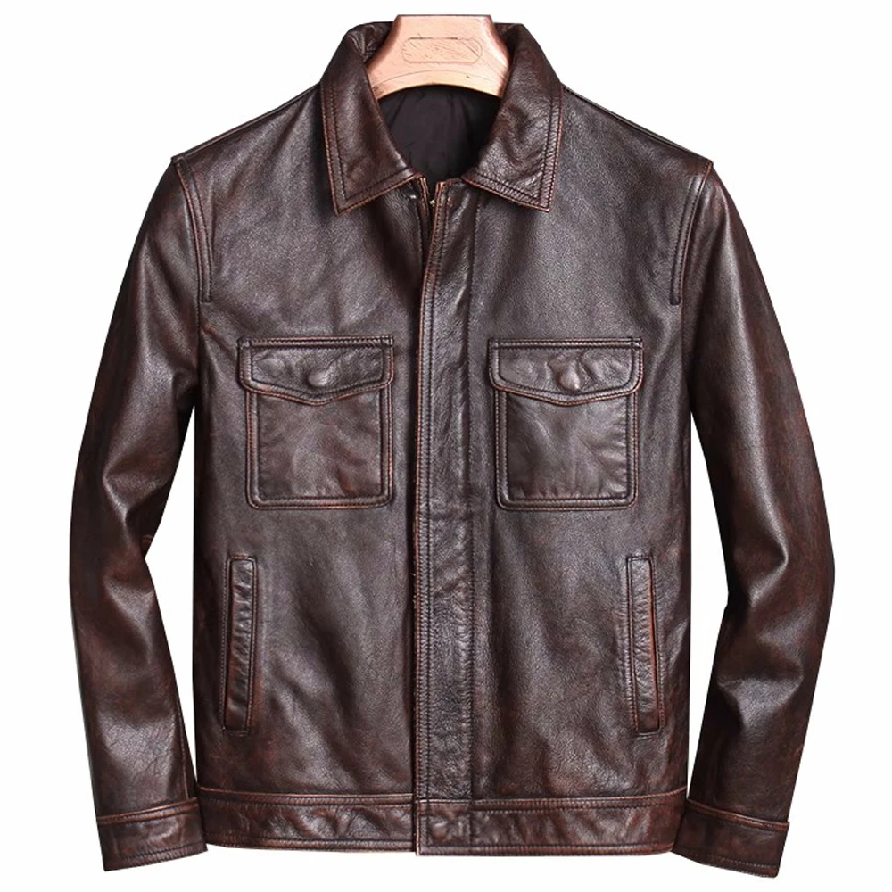 

Genuine leather Mens Coat 4XL Imported Real Cow Leather Blazer Jacket and Coats Man Motorcycle Topcoat Streetwear Brown Retro