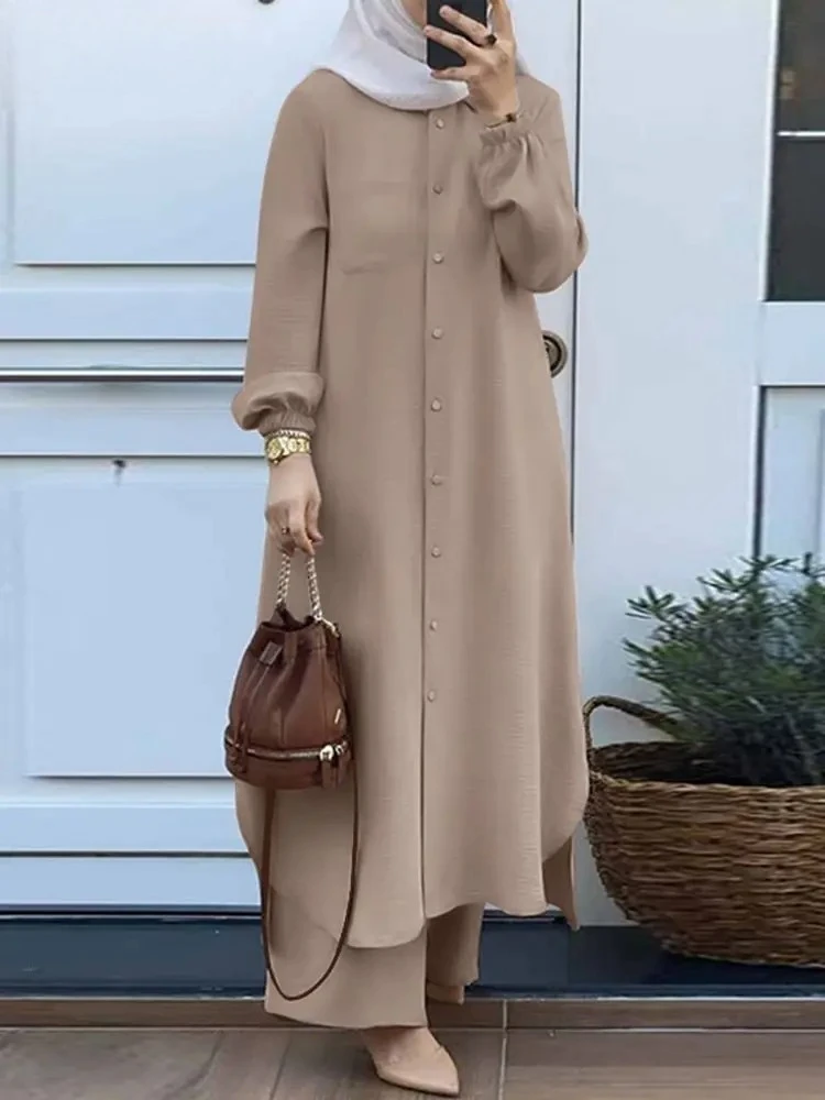 2026  Vintage Muslim Suit Solid Color Lapel Neck Long Sleeve Blouse Pant Ramadan Islamic Clothing Fashion Casual Turkey Outifit