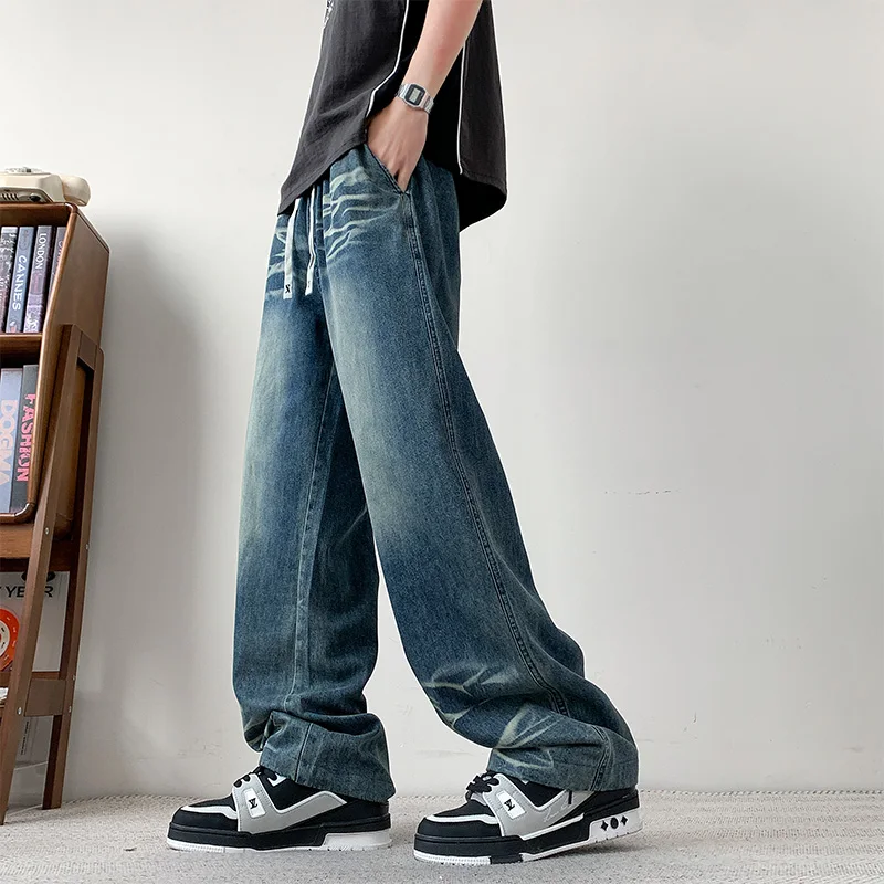 

Новые мужские джинсы весна-осень 2026: повседневные прямые брюки в американском стиле с эффектом состаривания, широкие штанины