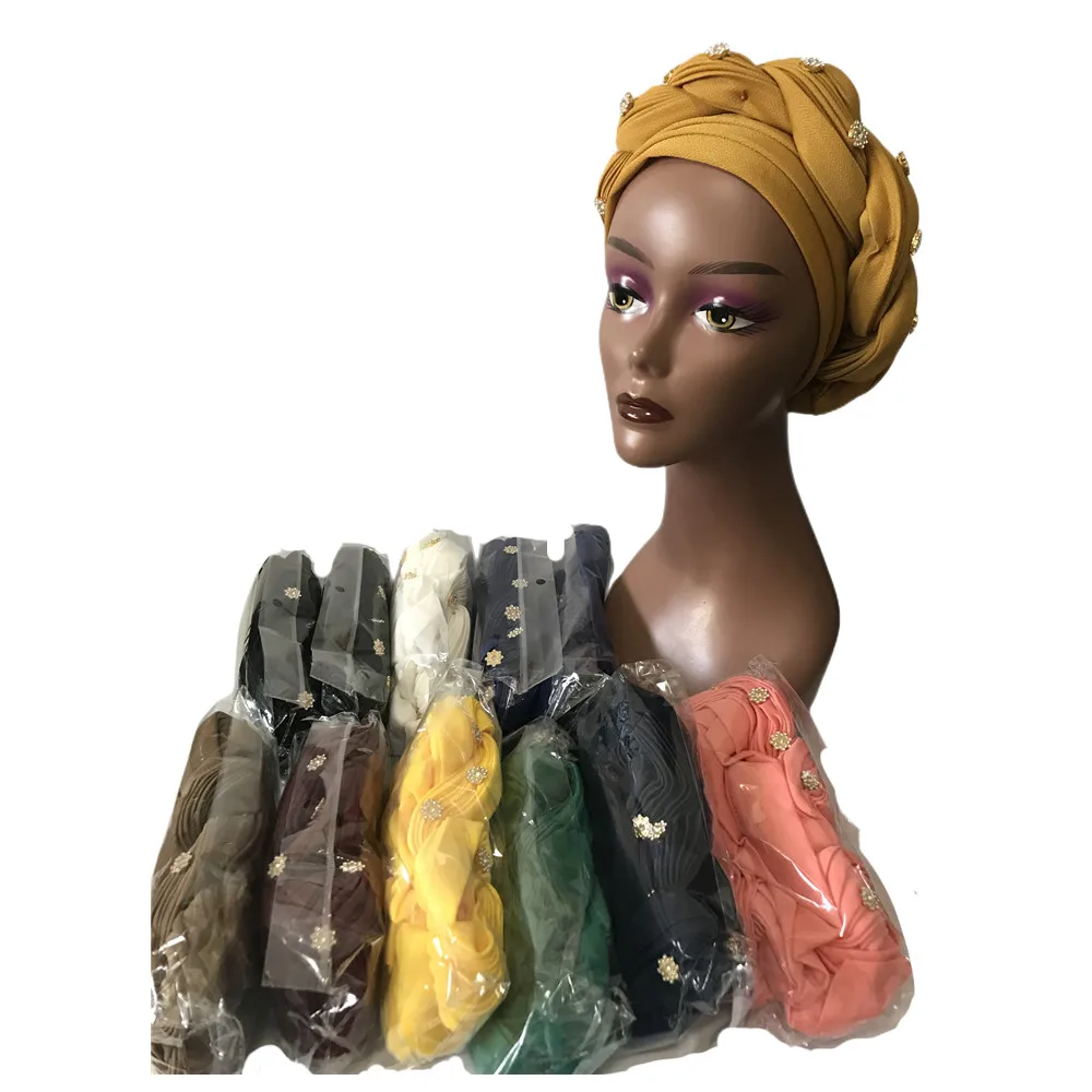 

Women's Turban Cap with Braids Nigeria Gele Ready African Headtie Female Head Wraps Party Headpiece Muslim Headscarf 12 Pcs/pack
