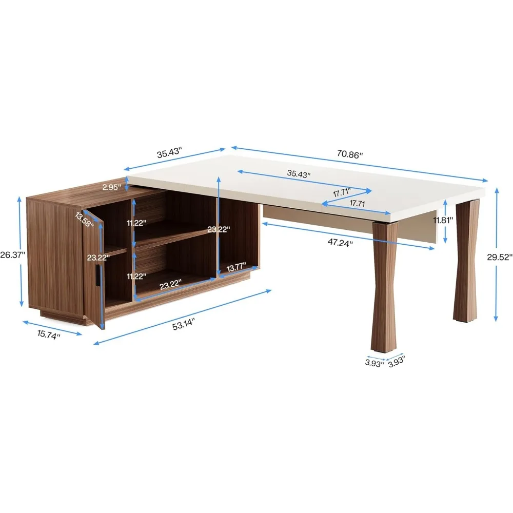 Executive Desk, L-Shaped Desk with Cabinet, Large Office Desk with Storage Shelves, Writing Table Desk Business Furniture