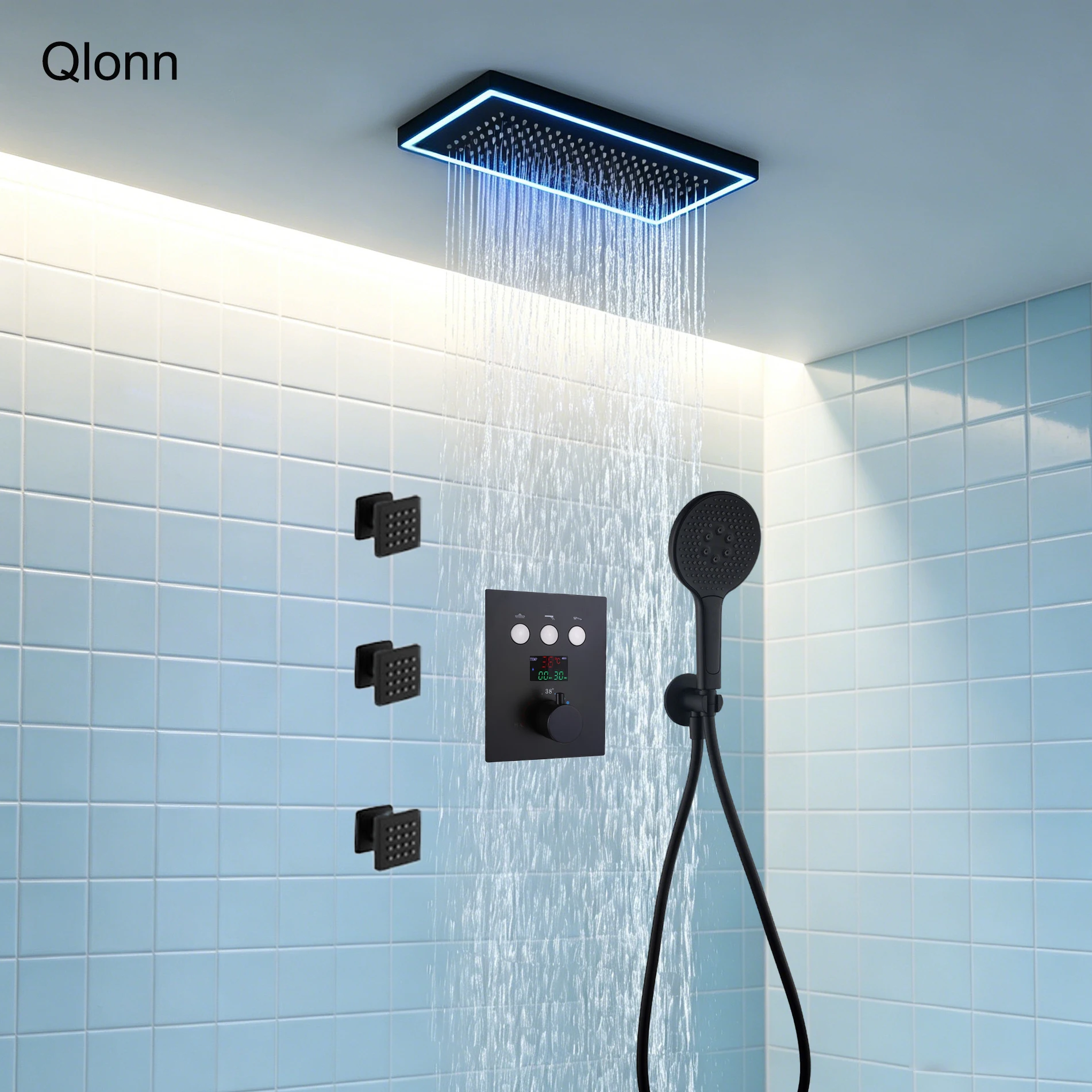 

Душевой гарнитур Qlonn Matte Black Smart LED 400x200 мм со встроенной дождевой лейкой, цифровым дисплеем и 3-функциональным термостатическим клапаном, форсунки для тела.