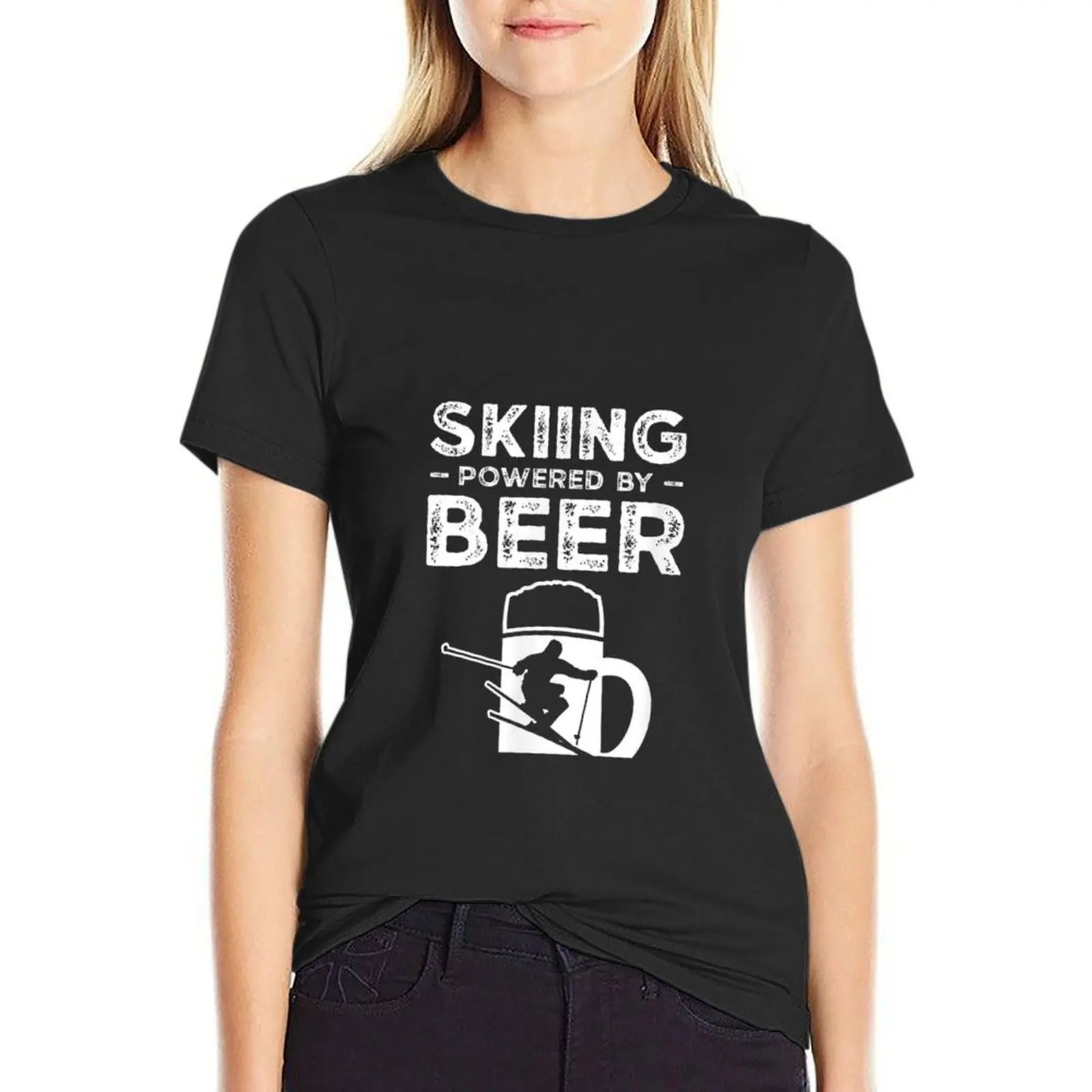 Skiing powered by beer Funny Drink Skier Apres Ski T-Shirt korean fashion female cute clothes cropped t shirts for Women