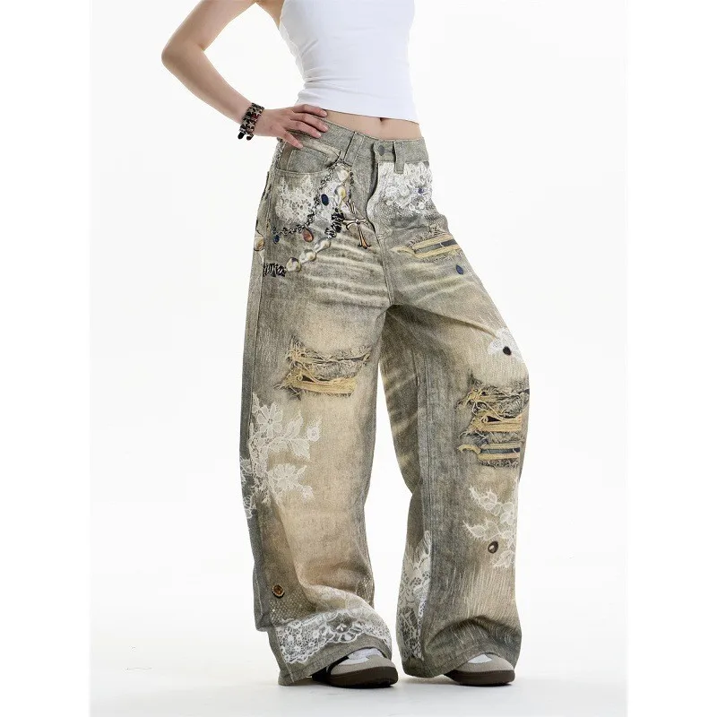 

Американские джинсы в стиле ретро Heavy Du с перекрестным принтом, женские летние широкие брюки с модным дизайном, уличные брюки с талией