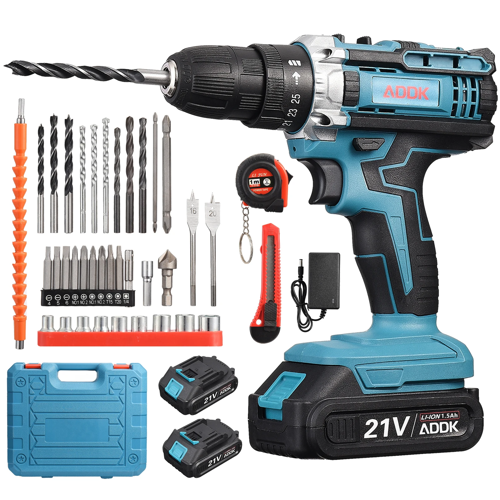 Cordless drill/driver 21V-2×1500mAh battery-brushed motor-25+1 torque settings-2 speeds