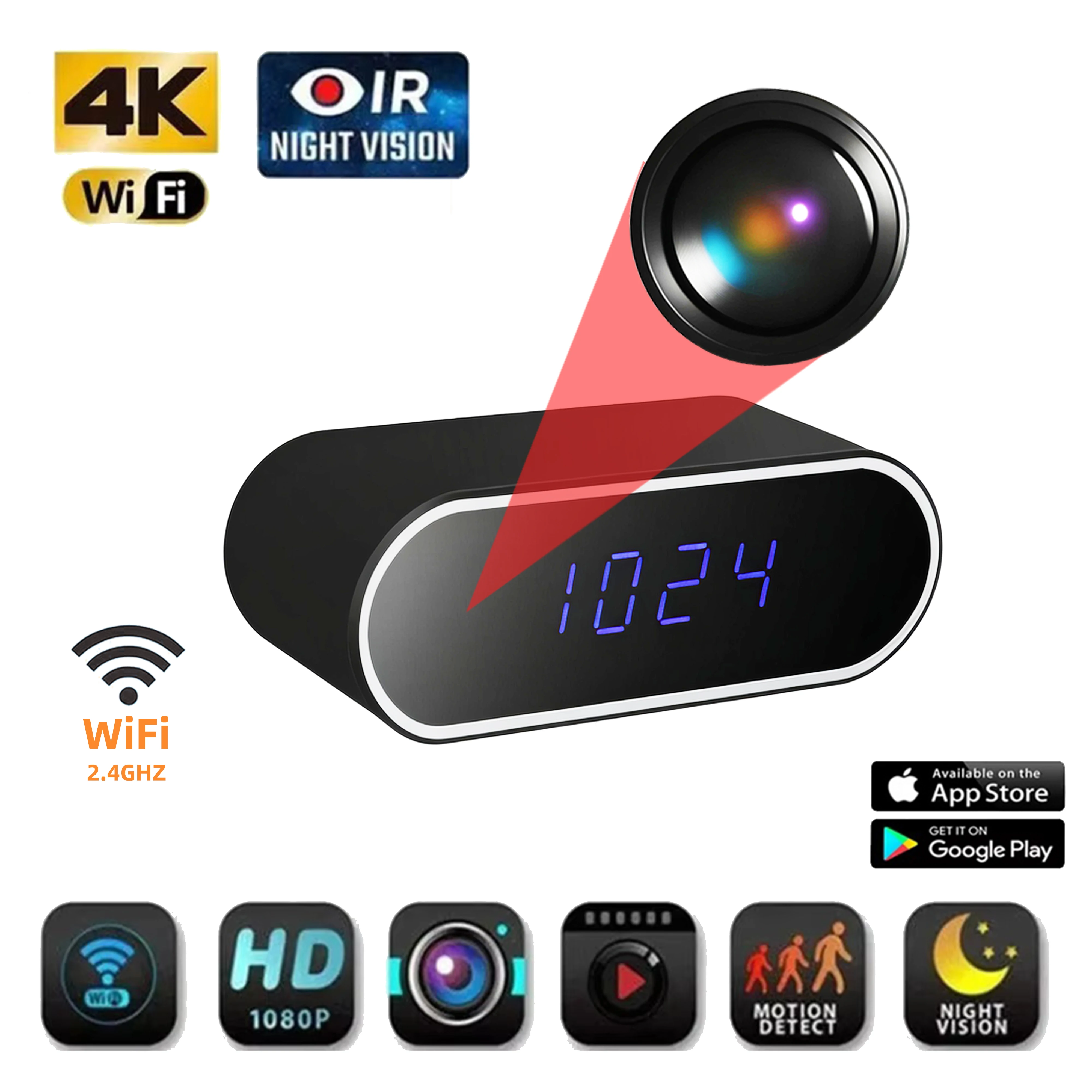 Mini alarm clock equipped with full HD 1080P camera, wireless WiFi control, infrared night vision, suitable for office, room