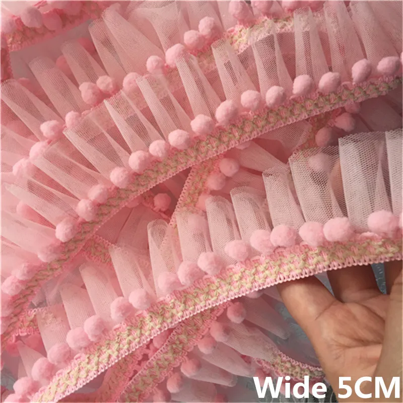 5CM Wide Double Layers Mesh 3D Pleated Lace Collar Trim Embroidered Pompom Fringe Ribbon Dolls Dress Cloth Crafts Sewing Decor