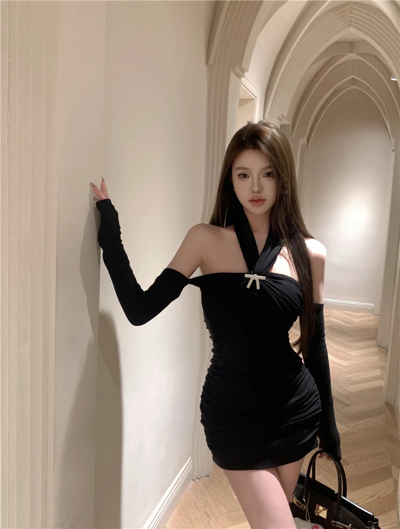 เดรสคล้องคอเซ็กซี่ cewek seksi หวานสำหรับผู้หญิงชุดเดรสสั้นเข้ารูปแขนยาวติดโบว์เข้ารูปเสื้อผ้าแฟชั่นผู้หญิงฤดูใบไม้ร่วง