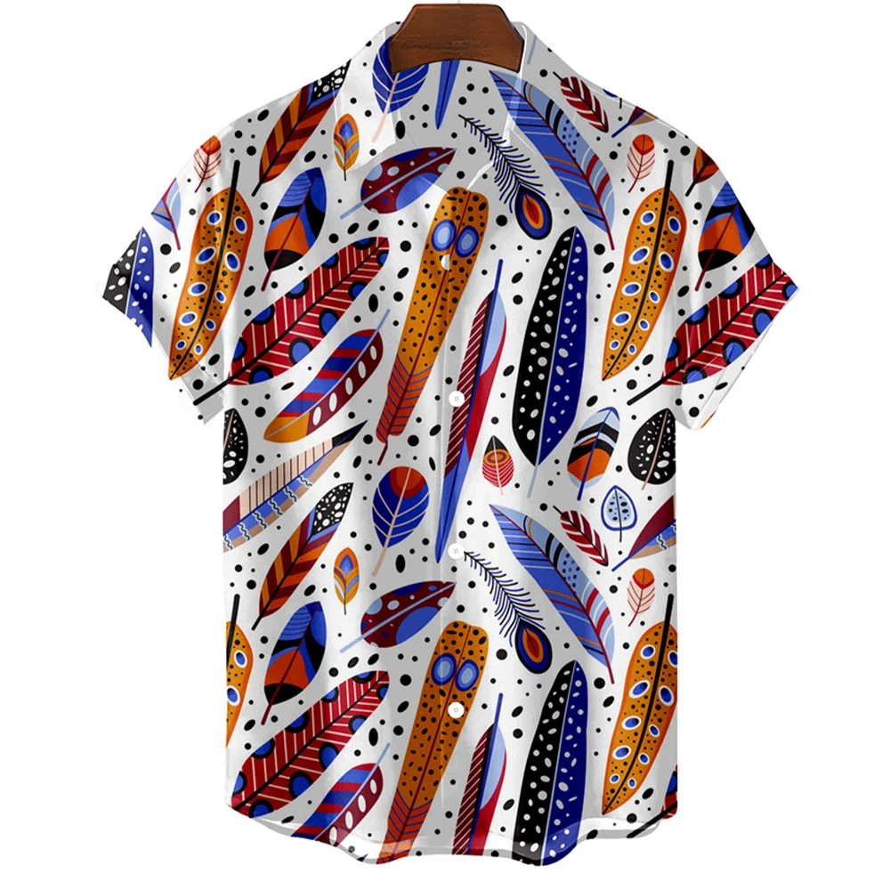 Fashion Feather Graphic Hawaiian Shirts Mens Summer Short Sleeve Tops Oversized Apparel Seaside Casual Clothing Camping Vacation