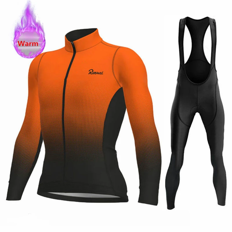 Rvouei Winter Long Sleeve Thermal Fleece Cycling Jersey Set Bib Pants Ropa Ciclismo Bicycle Clothing MTB Bike Jersey Uniform