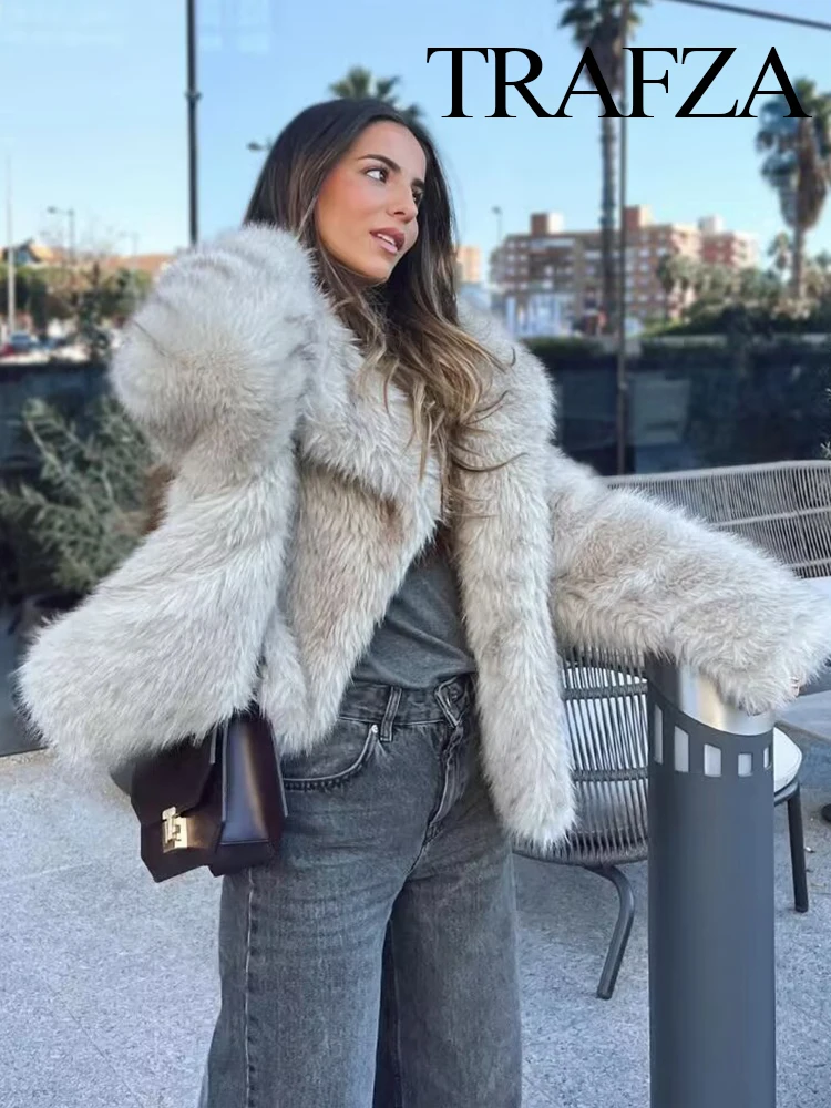 HH 여성용 가을 겨울 패션 크롭 인조 퍼 큰 라펠 재킷 여성용 숨겨진 버클 따뜻한 두꺼운 외투