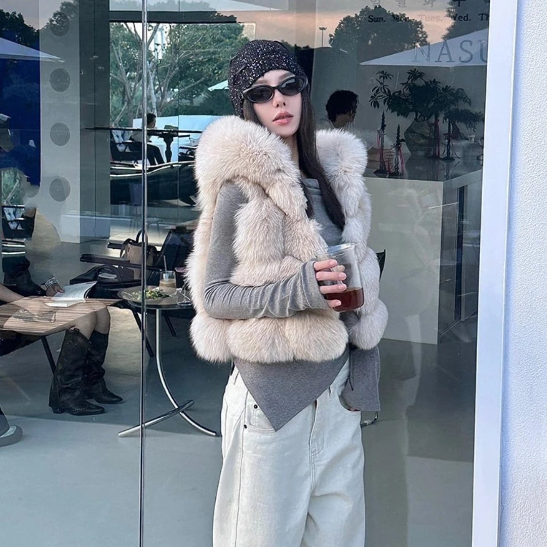 고품질 리얼 폭스퍼 숏 후드 브레드 스몰 베스트, 패션 신상 스타일 베스트, 푹신한 천연 폭스퍼 베스트 (인기 상품)