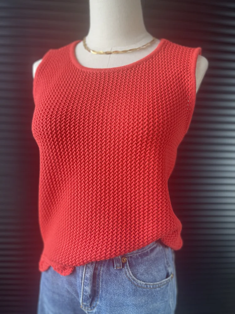 Knitted Tank Top in Red Sleeveless Round Neck Crochet Vintage Vest Ruffle Edging Tops 2024 New in Summer Woman Clothing