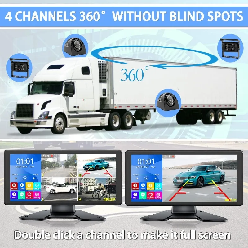 RV Backup Camera System  Splits Touch Screen DVR Recording IP69 Waterproof Bluetooth Music Video Avoid Blind