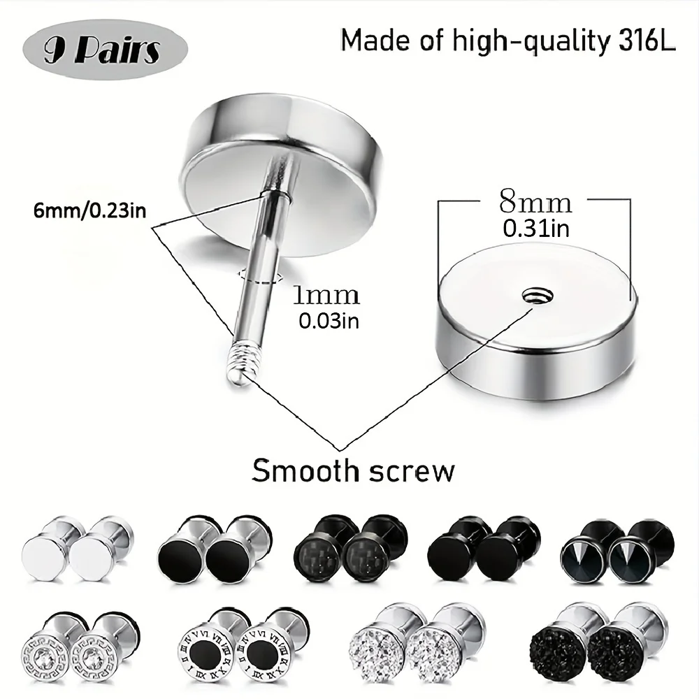 Sophisticated Faux Gauge Stud Set: 9 Pairs Hypoallergenic 316L Steel, Men’s Earrings with Zirconia Sparkle of gifts for friends