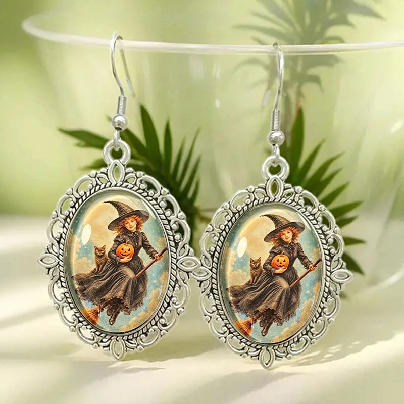 Vintage Oil Painting Halloween Witch Frog Cat Squirrel Oval Drop Earrings Gothic Seasonal Animal Party Jewelry