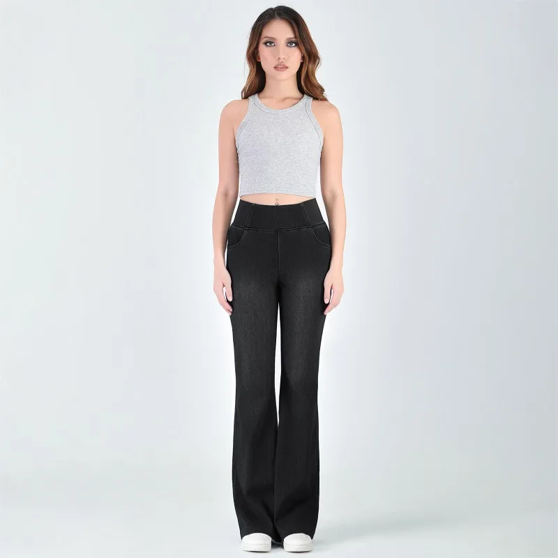 

Новые потертые джинсовые женские брюки в стиле ретро с высокой талией, эластичные утягивающие брюки с карманами, женские расклешенные брюки для фитнеса