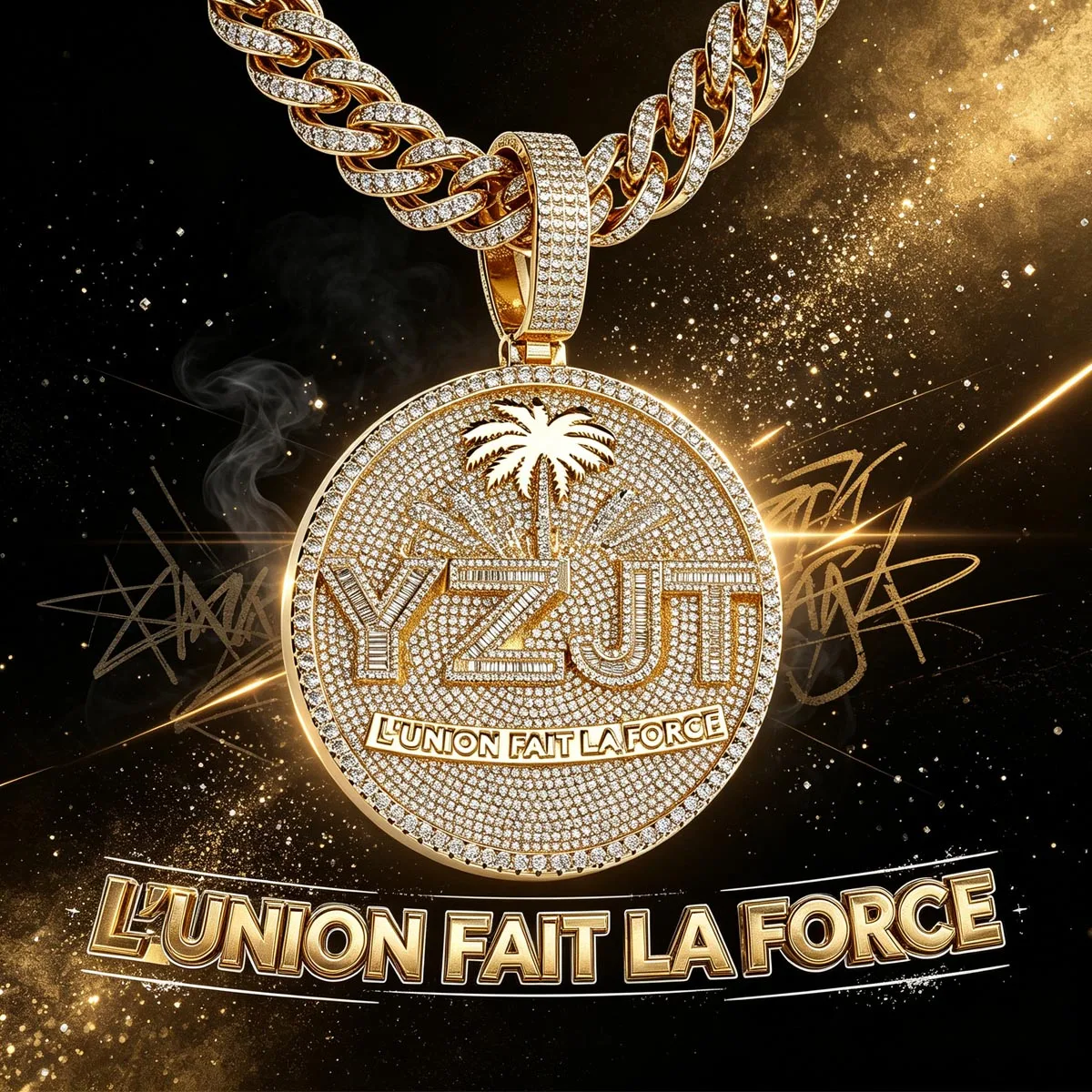Iced Out Round Hip‑Hop Medallion Pendant 18K Gold Plated Full Cubic Zirconia Inlaid Palm Tree With YZJT Letter Oversized Bling Charm For Men Rapper Luxury Shiny Jewelry Gift For Party Club Daily Street Accessory Matches Cuban Link Chain For Urban Young