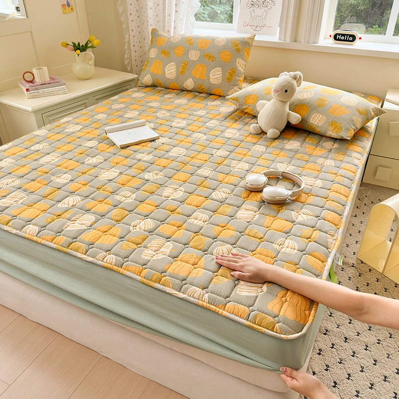 Flower Printed Mattress Cover Set Twin/Queen/King Size Thickened Bed Sheet with Pillowcase Quilted Mattress Protector 180x200cm