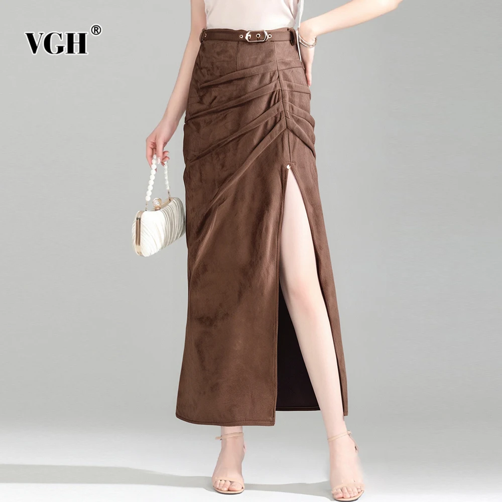 

VGH Slimming Solid Sexy Spliced Belt Long Skirts For Women High Waist Summer Party Temperament Skirt Female Fashion Style New