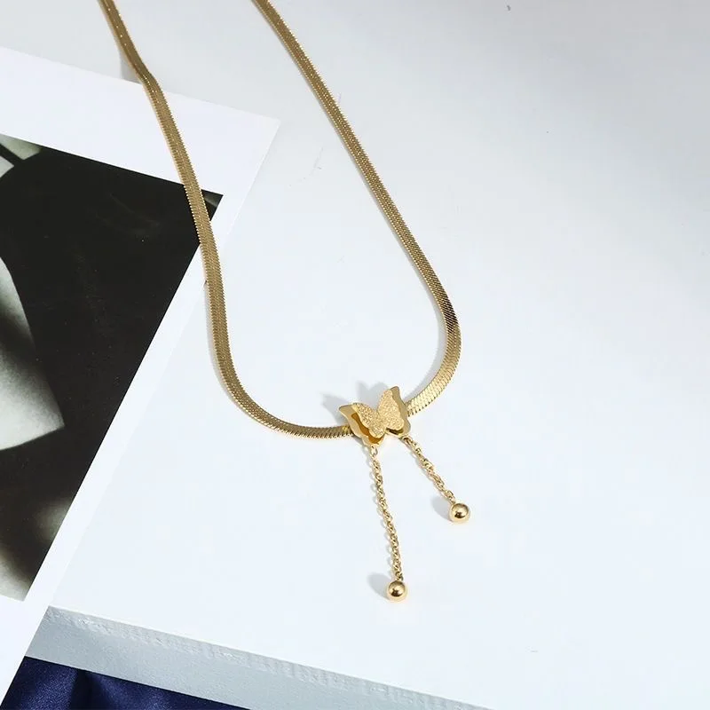 316L Stainless Steel Upscale Jewelry Matte 2-layer Butterfly Tassel Choker Blade Snake Bone Chain Necklaces Pendants For Women