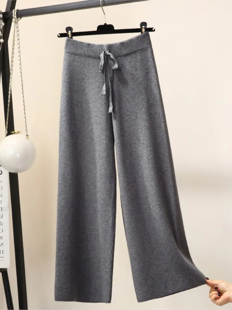 

Thickened Knitted Wide Leg Pants Women's Autumn Winter Casual Comfort Straight Thickened Pants Elastic Loose Wide Legs Trousers