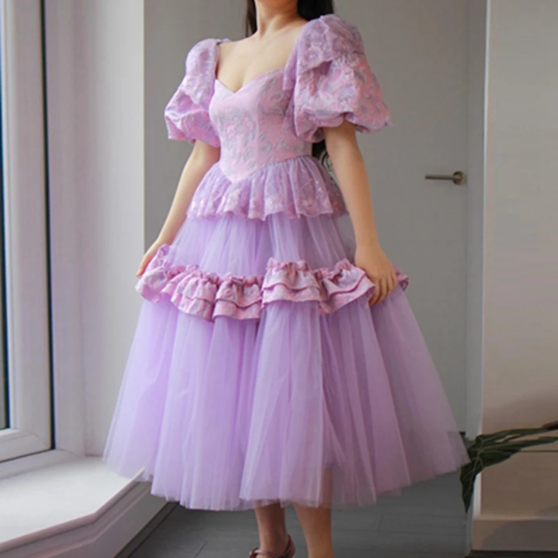 

Cute Lavender Puffy Tulle Summer Prom Dresses With Puff Half Sleeves Pretty Ruffles Tiered Princess Dress Mid-Calf Party Gowns