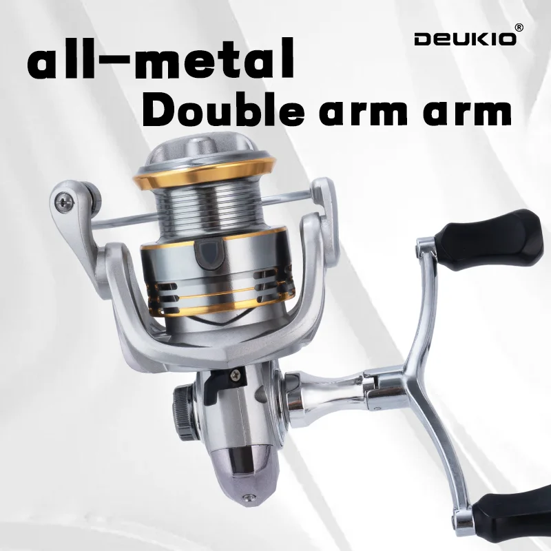 DEUKIO Doppelgriff-Spinnrolle, Metallspule, Übersetzungsverhältnis 5,2:1, 2BB, 8 kg maximale Zugkraft, Angelrolle für Salzwasser und Süßwasser