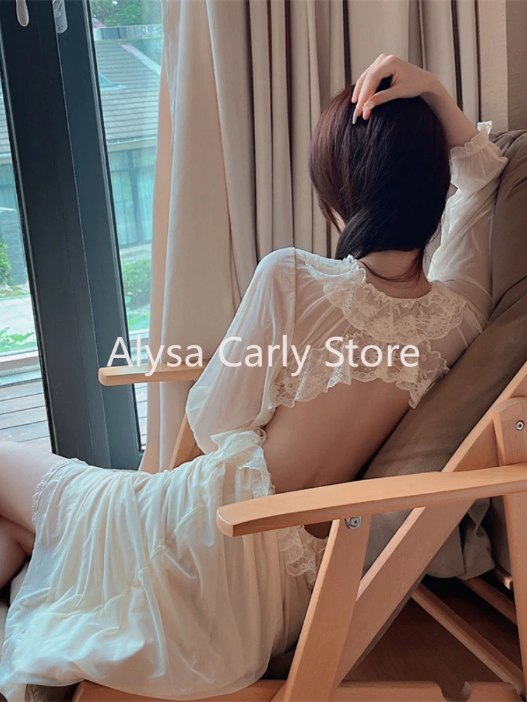 2023 Autumn Sexy Backless Long Fairy Dress Women Ruffles Chic Elegant Korean Style Dress Female Casual V-neck Mesh Lace Dresses