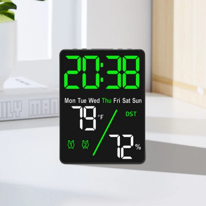 Digital Alarm Clock TEMP Humidity Date Week 2 Alarm Output USB Port Snooze Table Clock DST 12/24H Auto Dimming LED Clock