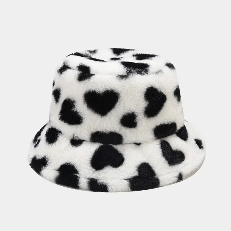 2024 Winter Heart Print Faux Fur Fluffy Bucket Hat Women Outdoor Warm Hats Soft Velvet Furry Fisherman Caps Girl Fashion Panama