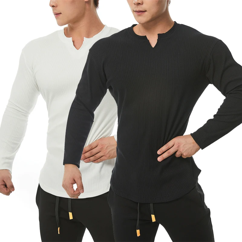 

2023 New Fashion Casual Compression Shirt Large Sports Workout T-shirt Men's Elastic Long Sleeve Autumn V-Neck Gym