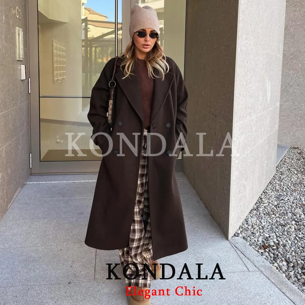 เสื้อโค้ทผู้หญิง KONDALA รุ่นฤดูใบไม้ร่วง ดีไซน์หรูหรา ผ้าผสม ทรงยาว ปกเสื้อแบบลาペル ติดกระดุมสองแถว เสื้อโค้ทอุ่นๆ แฟชั่นปี 2026 สำหรับฤดูหนาวและฤดูใบไม้ผลิ สไตล์ไฮสตรีท