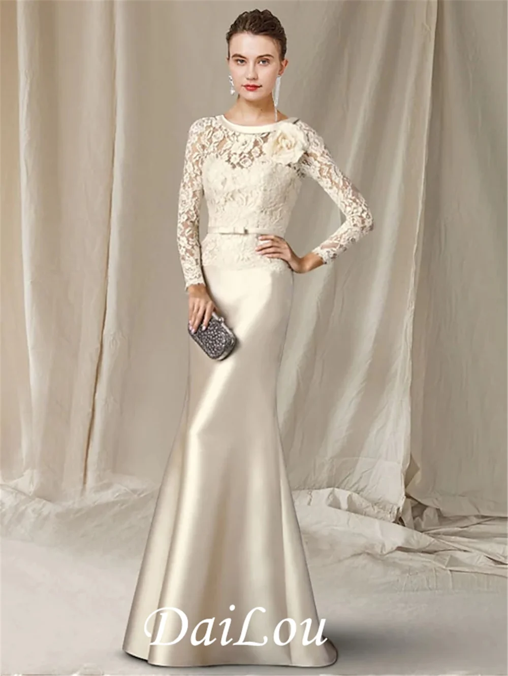 

A-Line Mother of the Bride Dress Elegant V Neck Sweep / Brush Train Lace Satin Long Sleeve with Bow(s) Flower 2022