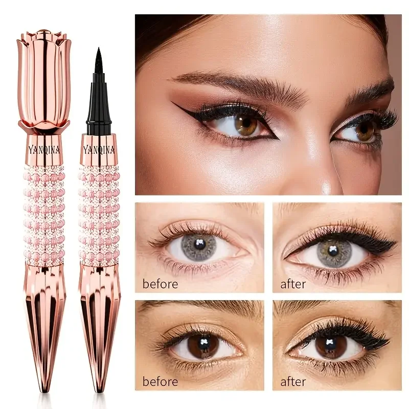 Precision Black Liquid Eyeliner with Rhinestones, Long-Lasting Waterproof and Sweat-Proof, Quick-Dry Eye Makeup
