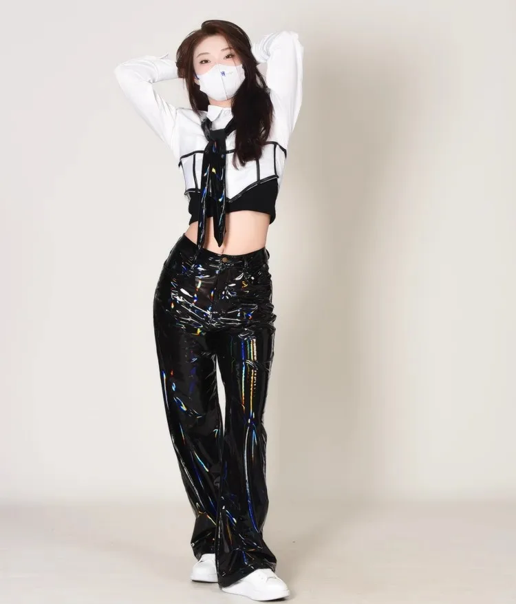 Laser Hologram Wide Leg Low Waist Trousers Stage Show Dance Hip Live  Music Festvial Costumes PU Leahter Pants Punk